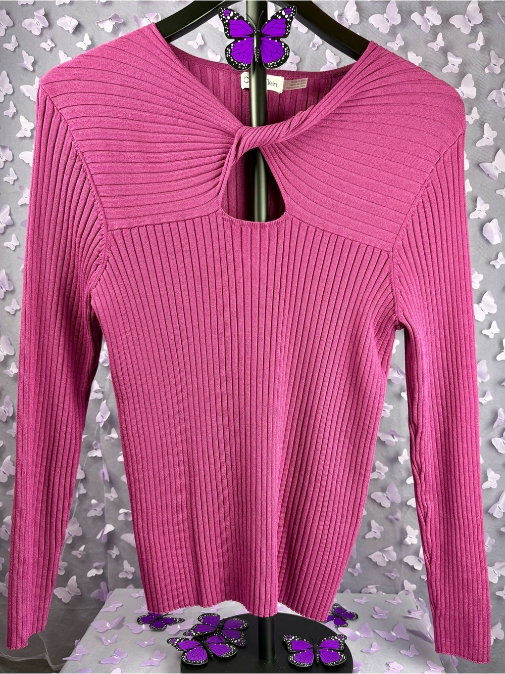 Calvin Klein Rose-Pink Ribbed Twist-Knot Long Sleeve Sweater